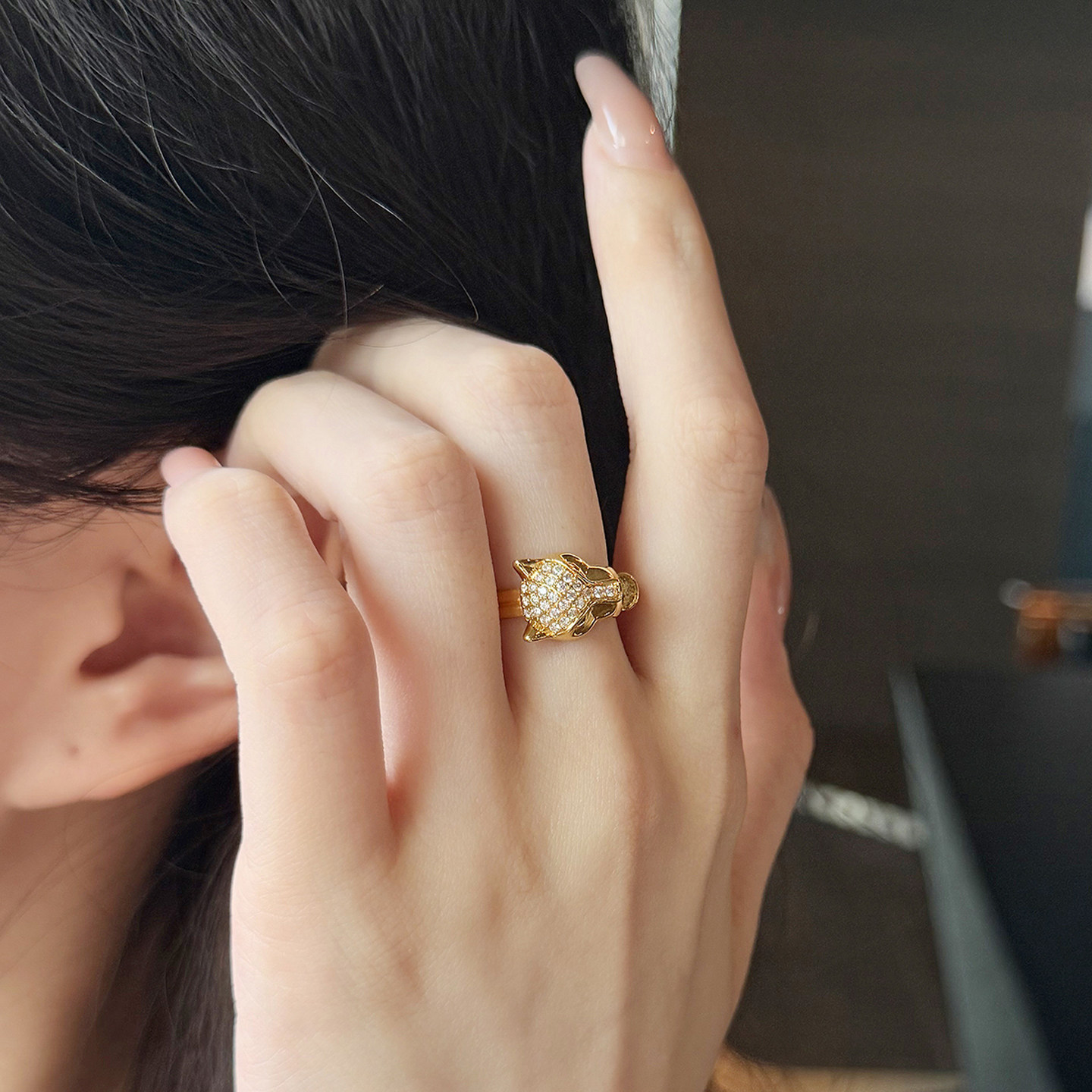 Queyunlai 5D point diamond gold ring women's gold 999 European style cheetah fashion luxury ring hard gold craftsmanship