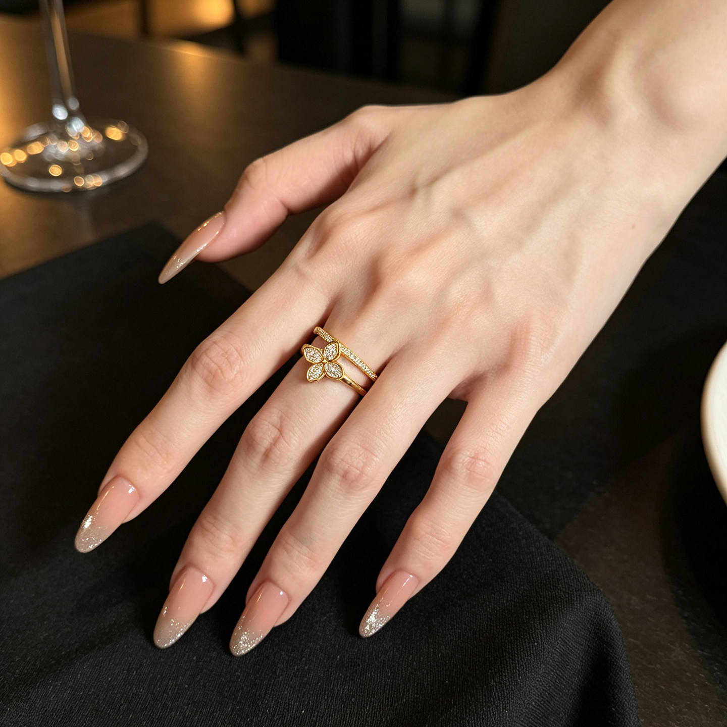 Queyunlai gold dot diamond ring pure gold 999 double ring lucky flower simple women's ring as a gift for your girlfriend