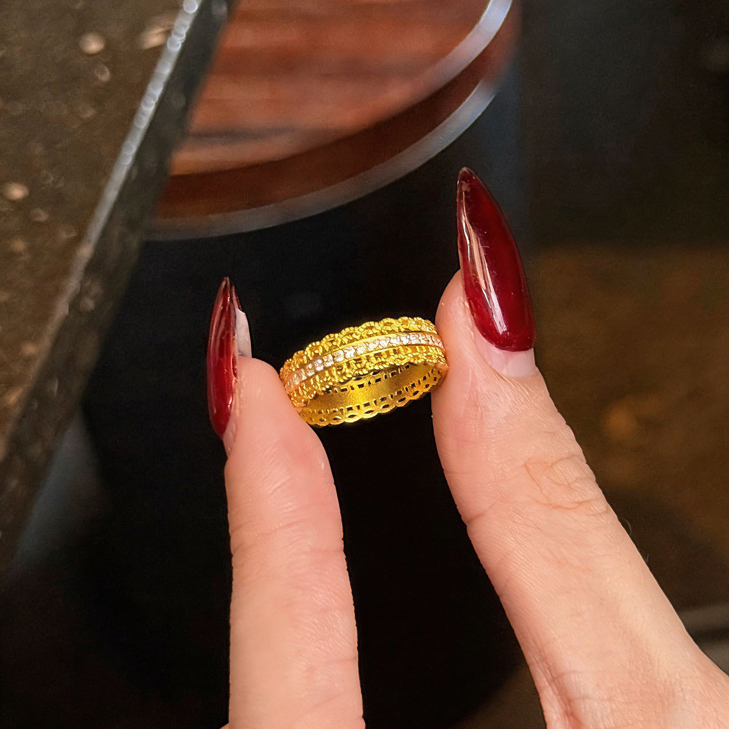 Queyunlai ancient gold point diamond 999 pure gold ring for women with a wealth of rings, luxurious shiny light luxury gift