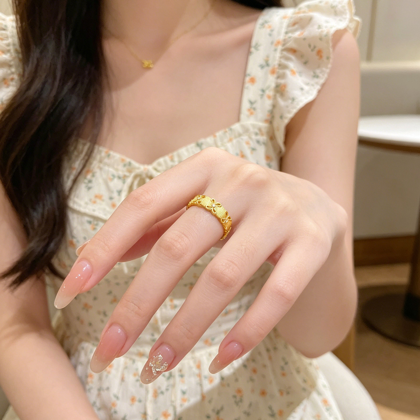 Queyunlai Gold Dot Diamond Flower Ring Pure Gold 999 Fashion Simple Women's Ring as a Gift for Your Girlfriend