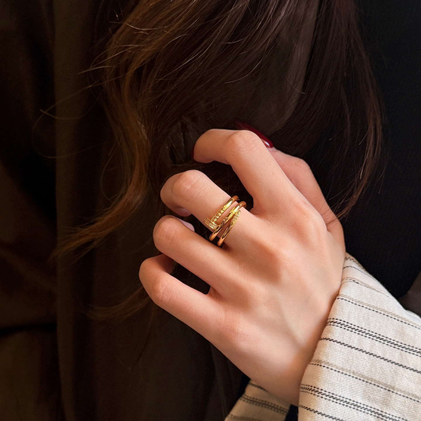 Queyunlai 5D dot diamond gold ring 999 pure gold three-circle nail ring with personalized fashion design for girlfriend