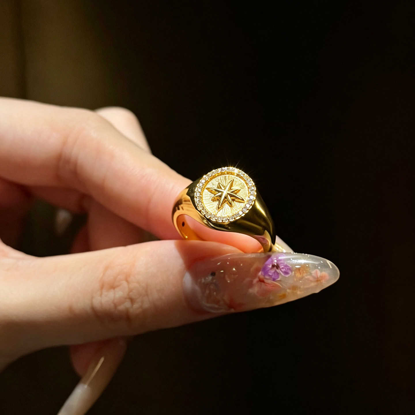 Queyunlai gold ring for women round brushed eight star seal 999 pure gold ring new Chinese style national trend
