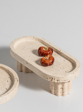 高端侘寂风大理石托盘黄装软盆法式盘洞果台面高脚果盘摆件装饰石