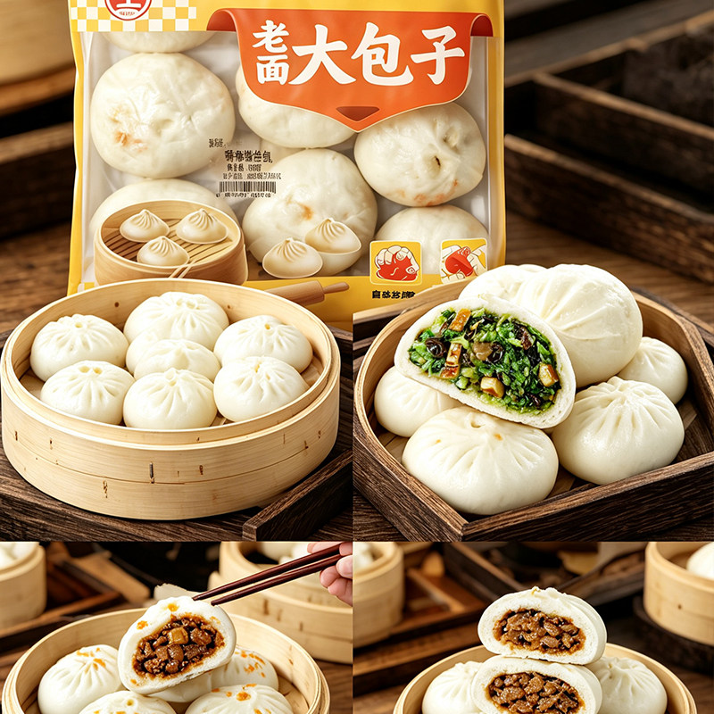 麦思达老面大包子鲜肉香辣粉丝包豆沙包香菇青菜包80g*10个