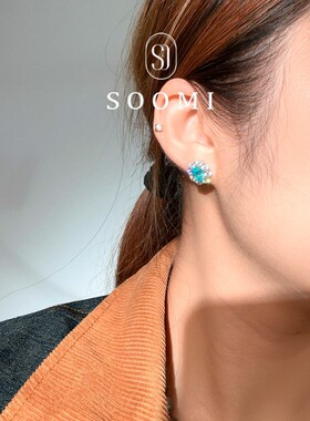 【SOOMI 罗比妮亚】高级感培育宝石耳钉女帕拉伊巴碧玺色耳环女