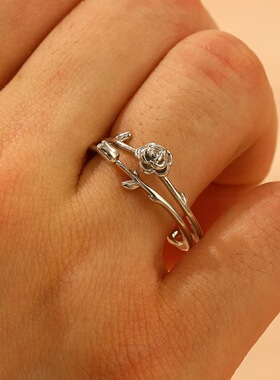 跨境时尚玫瑰花朵戒指女ins小众设计感个性时尚花朵食指开口指环