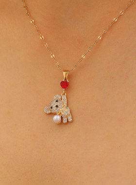 跨境欧美爱心气球小熊珍珠吊坠铜微镶锆石项链精致小众设计感饰品