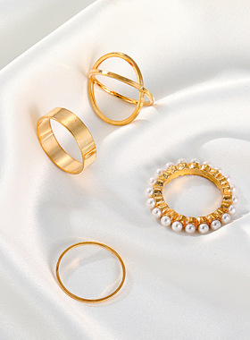 欧美时尚几何戒指套装ins个性珍珠指环四件套简约气质网红手饰女
