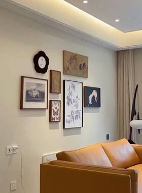 高级感客厅沙发背景墙装饰画中古风混搭J抽象挂画立体组合照片墙