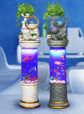 新中式创意流水喷泉水景圆柱形金鱼缸免换水客厅落地摆件加湿器