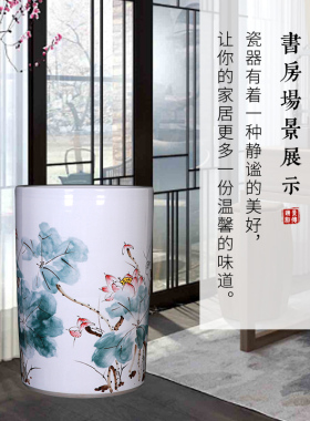 景德镇陶瓷手绘书画缸简约客厅落地大花瓶箭筒书房字画收纳桶摆件