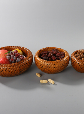 竹编篮日式大漆复古手提篮圆形双层食盒茶具收纳筐干果零食茶点盘