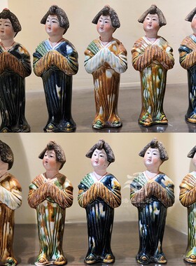 纯手工古法唐三彩15cm小陶俑 中国风复古仿古古董把玩 桌面小摆件