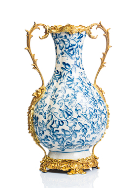 美式青花瓷器古典摆件 欧式陶瓷配铜高档奢华客厅玄关软装工艺品