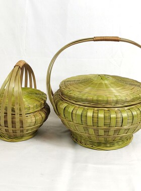 手工竹编提篮带盖竹篮点心饭篮户外野餐大号小号水果收纳篮拜神篮