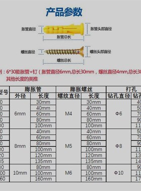 小黄鱼塑料膨胀管加长超长膨胀螺丝m6m8mm10mm涨塞胀管膨胀钉胶塞