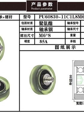 美斯美包胶轴承滑轮不锈钢螺丝静音耐磨聚氨酯PU60830-11C1L8M6