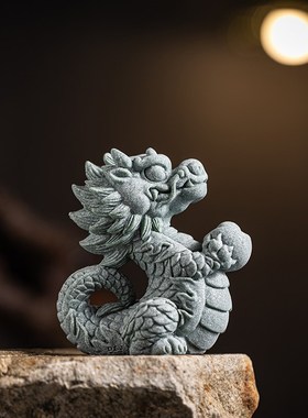国潮风青砂石生肖龙瑞兽神龙摆件茶宠可养创意鱼缸造景盆栽装饰品