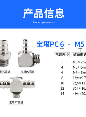 迷你宝塔接头微型外丝六角铜直通弯三通水管皮管头4-M3/4-M5/6-M6