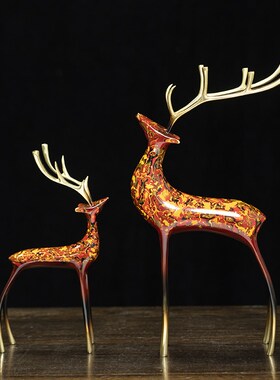 柏梵铜彩鹿摆件高档新中式玄关客厅装饰招财黄铜工艺品家居礼物