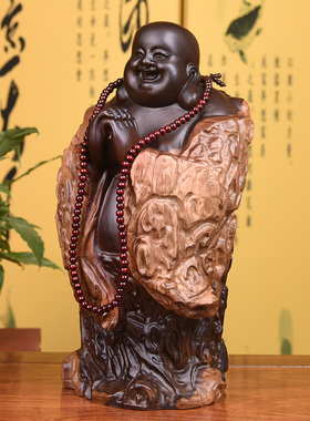 黑檀实木雕刻弥勒佛根p雕摆件大号恭喜笑佛像工艺品红木家居送礼