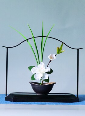 中式花艺摆件铁艺花架禅意插花茶席桌面日式花道装饰展示铁架底座
