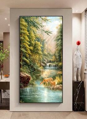 入户玄关装饰画大芬村油画走廊过道挂画竖版山水风景手绘客厅壁画