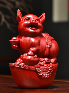 红花梨木雕猪摆件实木十二生肖一套客厅家居电视柜装饰送礼工艺品