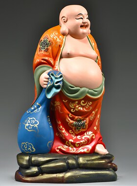 彩绘木雕刻弥勒佛像摆件家用笑佛客厅玄关装饰工艺品开业乔迁送礼