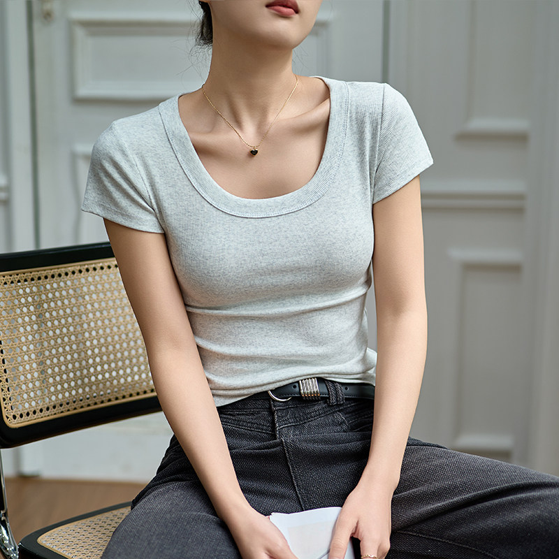 纯棉U领正肩基础短袖T恤女2026新款夏季低领纯色洋气修身显瘦上衣