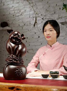 黑檀木雕猪摆件实木质生肖动物猪家居客厅装饰红木工艺品开业送礼