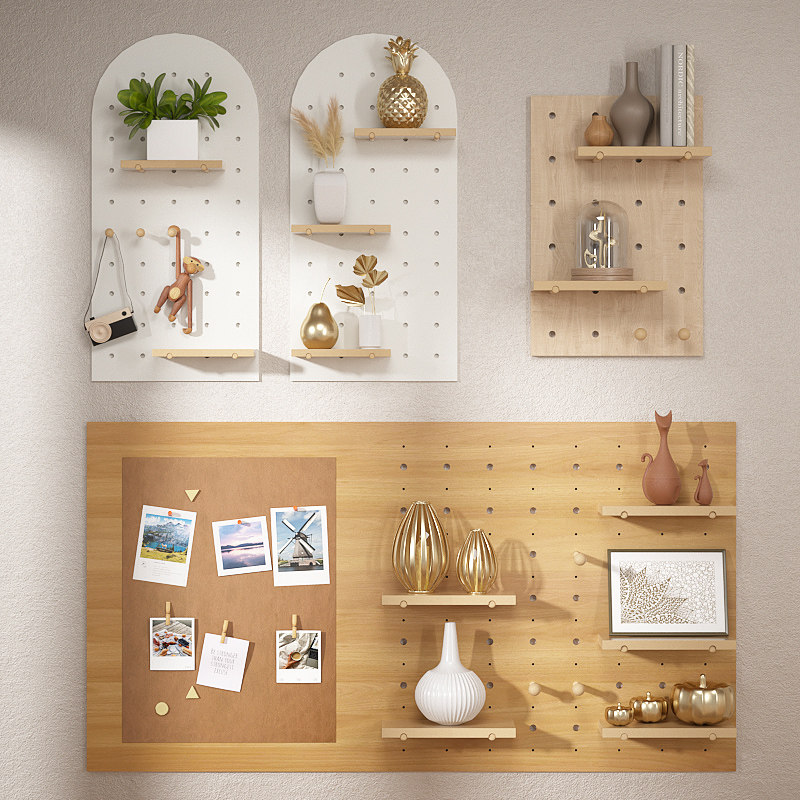 Customized hole board solid wood wall decoration partition wooden living room entrance Nordic wall hanging storage rack