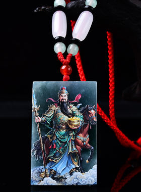 天然A货翡翠西路财神关公蓝水双面精工超清喷绘高冰玉石吊坠挂件