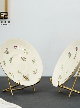 盘子支架黄铜赏盘挂盘展示架摆件轻奢托架圆盘艺术品收纳实木底座