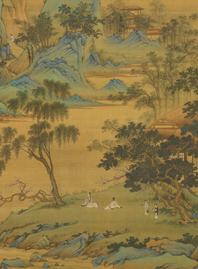 仇英春山吟赏图高清国画微喷山水画客厅书房玄关茶室装饰卷轴挂画