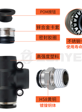 黑色气动气管接头快速插接头T正型三通PB6-01/8-02/10-03/12-04mm