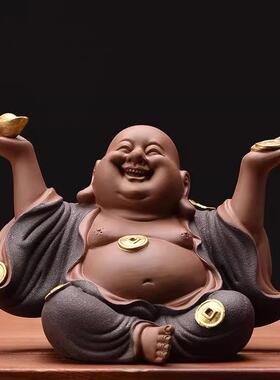 创意紫砂弥勒佛招财摆件新中式家居客厅书房博古架工艺品装饰摆设