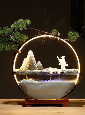 创意灯圈循环流水陶瓷摆件喷泉加湿器办公室家居装饰景观开业礼品