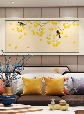 竹鹤图新中式卷轴挂画客厅装饰画餐厅书房横轴画沙发背景墙壁画
