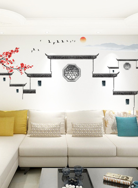 徽派建筑古镇水墨江南水乡中国风墙贴古典中式餐厅背景墙装饰防水
