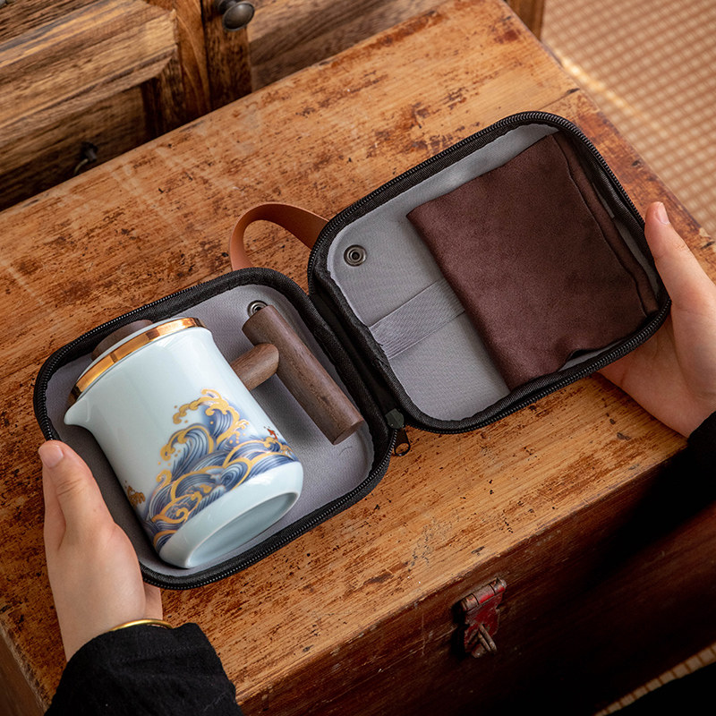 Wave travel tea set for outdoor use Tianna portable camping tea set ceramic quick cup five cups wooden handle