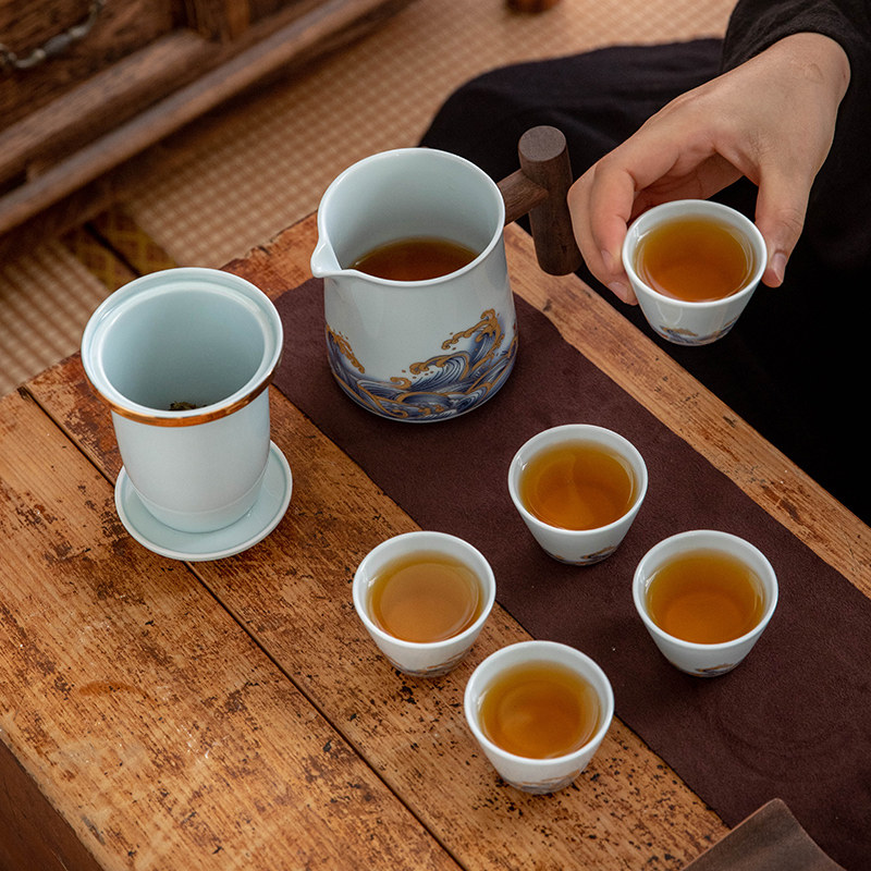 Wave travel tea set for outdoor use Tianna portable camping tea set ceramic quick cup five cups wooden handle