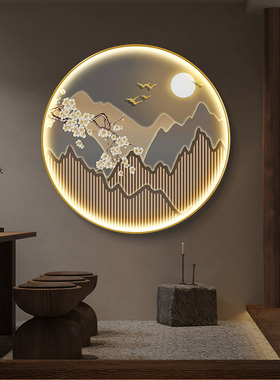 新中式玄关装饰画中国风花鸟灯画挂画禅意茶室背景墙圆形壁画LED