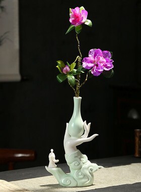 陶瓷佛手花瓶花插摆件家用线香插禅意莲花家居室内博古架装饰摆设