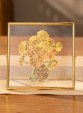 饰炳仁铜燃烧的向日葵桌屏框面装饰精致书桌床头柜摆台相桌装朱画
