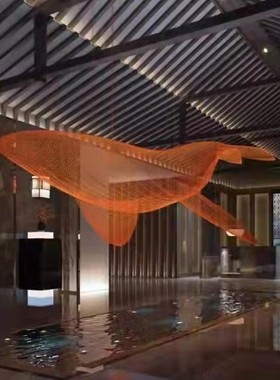 不锈钢铁艺镂空鲸鱼海豚网格编织酒店展厅海洋动物悬吊装饰品定制