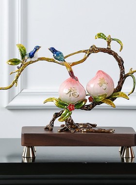 珐式彩福寿双全物桃摆件新中琅客厅玄关博古架长辈贺寿礼寿装饰品