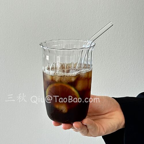三秋Sanq复古竖纹冰美式玻璃杯耐热水杯咖啡饮品杯气泡水杯牛奶杯 - 图1