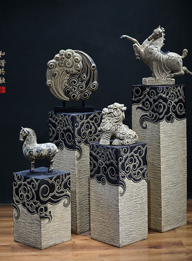 新中式摆件祥云柱展示柱仿石柱墩玄关禅意落地底座客厅茶室装饰