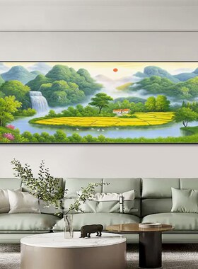 青山绿水挂画客厅沙发背景墙横幅聚宝盆装饰画东西墙山水风景壁画
